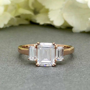 Three Stone Solitaire Engagement Ring 2ct Emerald Cut Diamond 14k Rose Gold Over