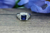 2.2ct Princess Cut Blue Sapphire Halo Celtic Trinity Ring 14k White Gold Finish