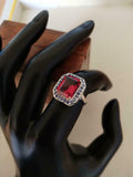 2.1ct Engagement Ring Emerald Cut Pink Ruby Tanzanite Halo 14k White Gold Finish