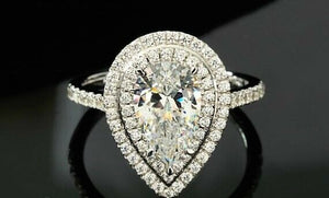 2ct Pear Cut VVS1 Diamond Double Halo Engagement Ring 14k White Gold Finish