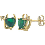 1.5ct Stud Earrings Heart Cut Green Emerald Devil Design 14k Yellow Gold Finish