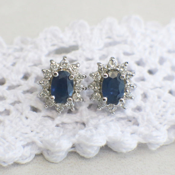 2ct Oval Cut Blue Sapphire Floral Halo Stud Women Earrings 14k White Gold Finish