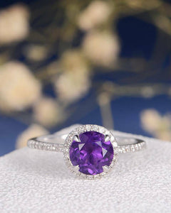 1ct Round Purple Amethyst Halo Solitaire Engagement Ring 14k White Gold Finish