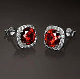 2ct Stud Earrings Round Cut Red Garnet Diamond Halo 14k White Gold Finish