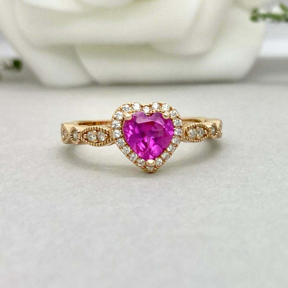 1.5ct Engagement Ring Heart Cut Pink Ruby Diamond Halo 14k Yellow Gold Finish