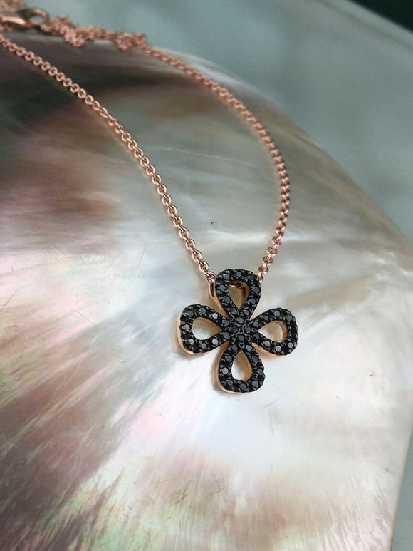 1ct Round Cut Black Diamond Pendant with Chain Floral Design 14k RoseGold Finish