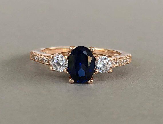 2ct Oval Blue Sapphire Three Stone Solitaire Engagement Ring 14k Rose Gold Over