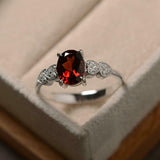 2ct Oval Cut Red Garnet Heart Shape Diamond Accents Ring 14k White Gold Finish