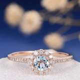 1ct Round Blue Aquamarine Engagement Ring Diamond Floral Halo 14k Rose Gold Over