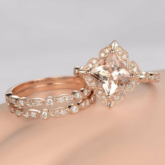 1.9ct Princess Cut Peach Morganite Trio Set Engagement Ring 14k Rose Gold Finish