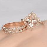 1.9ct Princess Cut Peach Morganite Trio Set Engagement Ring 14k Rose Gold Finish