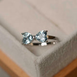 1.2ct Engagement Ring Heart Cut Blue Aquamarine Bow Knot 14k White Gold Finish