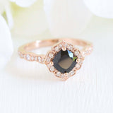 1.7ct Cushion Cut Black Diamond Engagement Ring Vintage Halo 14k RoseGold Finish