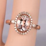 1.4ct Oval Cut Peach Morganite Halo Solitaire Engagement Ring 14k Rose Gold Over