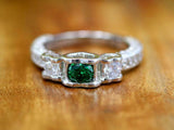 1.5ct Round Cut Green Emerald Milgrain Diamond Accent Ring 14k White Gold Finish