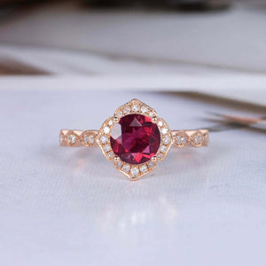 1.5ct Round Cut Pink Ruby Engagement Ring Halo Diamond Accents 14k RoseGold Over