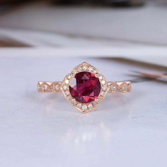 1.5ct Round Cut Pink Ruby Engagement Ring Halo Diamond Accents 14k RoseGold Over