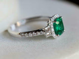 2ct Engagement Ring Cushion Cut Green Emerald Diamond Halo 14k White Gold Finish