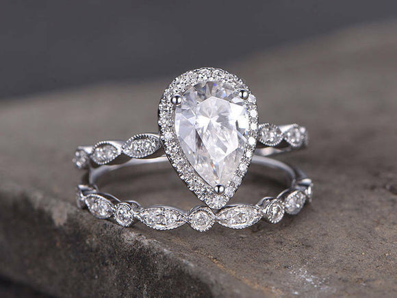 3ct Pear Cut Diamond Vintage Bridal Wedding Set Band Ring 14k White Gold Finish