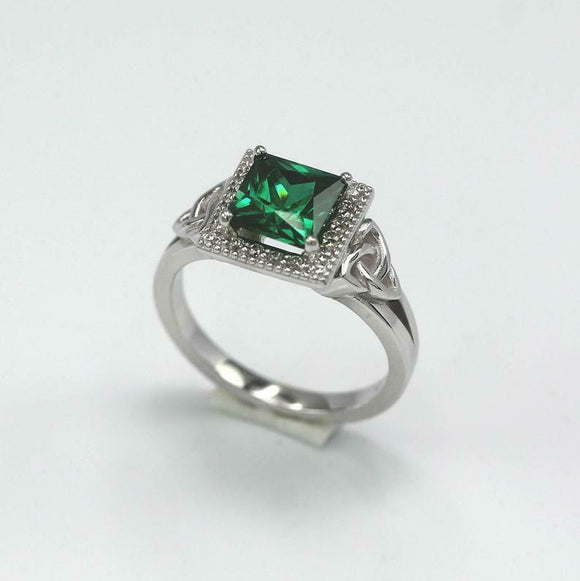 2.2ct Princess Cut Green Emerald Halo Celtic Trinity Ring 14k White Gold Finish