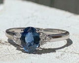 2ct Engagement Ring Oval Cut Blue Sapphire Diamond Petite 14k White Gold Finish