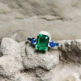 2ct Engagement Ring Green Emerald Cut Sapphire Accent Trilogy 14k WhiteGold Over