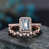 3Ct Emerald Cut Blue Aquamarine Bridal Set Engagement Ring 18K Rose Gold Finish