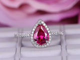 1.6ct Pear Cut Ruby Halo Engagement Ring 14k White Gold Finish with Round Accent