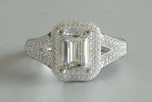 3ct Emerald Cut Diamond Engagement Ring Pave Split Shank 14k White Gold Finish