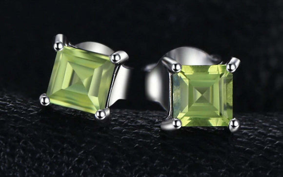 2ct Stud Earrings Princess Cut Green Peridot Solitaire 14k White Gold Finish