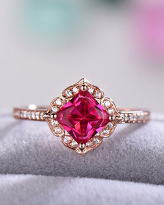 3Ct Cushion Cut Pink Ruby Diamond Vintage Engagement Ring 14K Rose Gold Finish