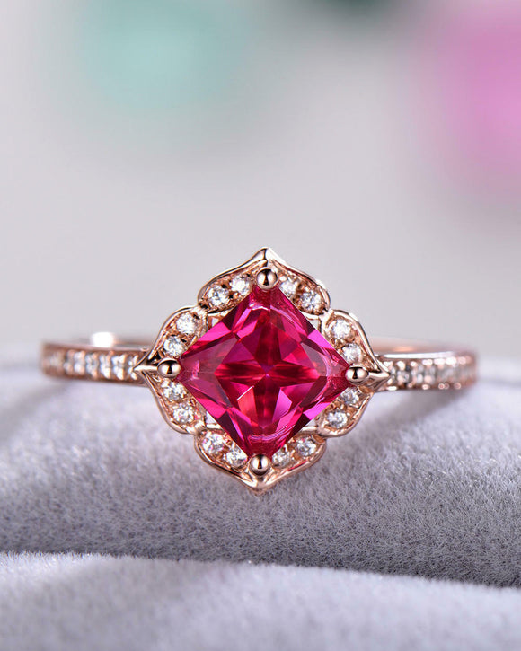 3Ct Cushion Cut Pink Ruby Diamond Vintage Engagement Ring 14K Rose Gold Finish