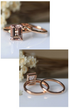 1ct Emerald Cut Peach Morganite Engagement Ring 14k Rose Gold Finish Bridal Set