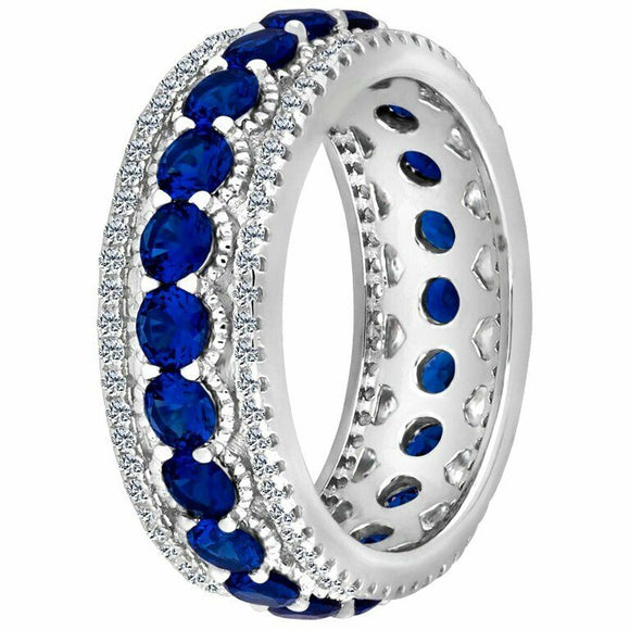 3.4ct Round Cut Blue Sapphire Wedding Band Ring Eternity 14k White Gold Finish