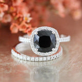 4Ct Cushion Cut Black Diamond Bridal Set Halo Ring Band 14K White Gold Finish