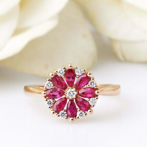 2.2ct Marquise Cut Pink Ruby Engagement Ring Flower Design 14k Rose Gold Finish