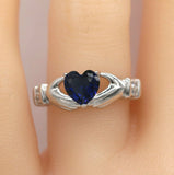 1.2ct Heart Cut Blue Sapphire Engagement Ring Claddagh Design 14k WhiteGold Over