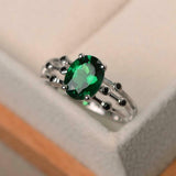 2ct Oval Cut Green Emerald Solitaire Split Band Accent Ring 14k WhiteGold Finish