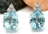 3ct Oval Cut Simulated Blue Aquamarine Crown Stud Earrings 14k White Gold Plated