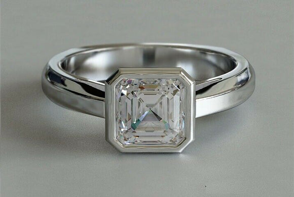 1ct Asscher Cut Diamond Engagement Ring Solitaire Bezel Set 14k WhiteGold Finish