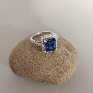 2.2ct Engagement Ring Emerald Cut Blue Sapphire Halo 14k White Gold Finish