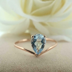 0.75ct Pear Cut Blue Aquamarine Wedding Band V Shape Curved 14k Rose Gold Finish