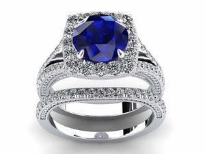 3ct Round Cut Blue Sapphire Split Shank Halo Bridal Set Ring 14k White Gold Over