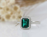 2ct Green Emerald Cut Engagement Ring Diamond Halo Design 14k White Gold Finish