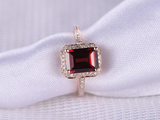 2.3ct Emerald Cut Red Garnet Engagement Ring Diamond Halo 14k Rose Gold Finish