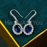 2ct Oval Simulated Sapphire Halo Fish Hook Drop Earrings 14k White Gold Plated