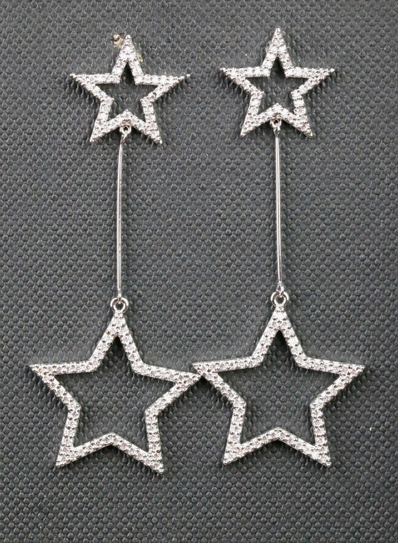 1ct Round Cut VVS1 Diamond Dual Star Design Drop Earrings 14k White Gold Finish