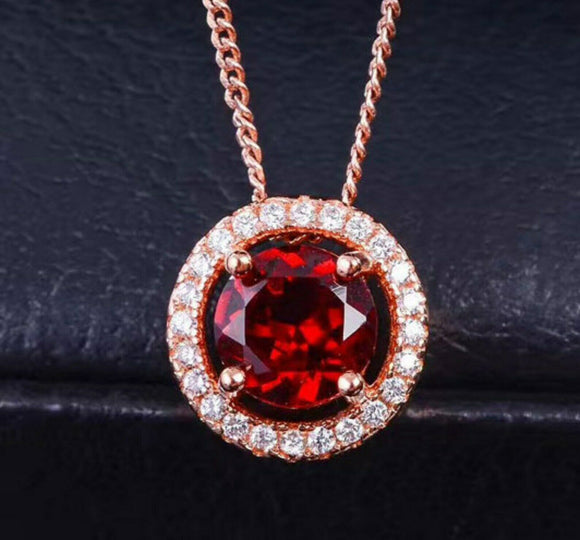 2.3ct Round Cut Red Garnet Halo Solitaire Pendant with Chain 14k RoseGold Finish