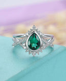 3ct Pear Cut Green Emerald Engagement Ring Curved Bridal Set 14k White Gold Over