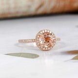 1.5ct Round Cut Peach Morganite Engagement Ring Diamond Halo 14k Rose Gold Over